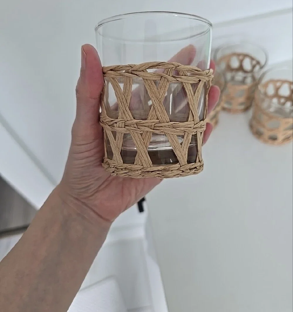 Amanda Lindroth Set of 4 Glass Tumblers with Woven Rattan Sleeves